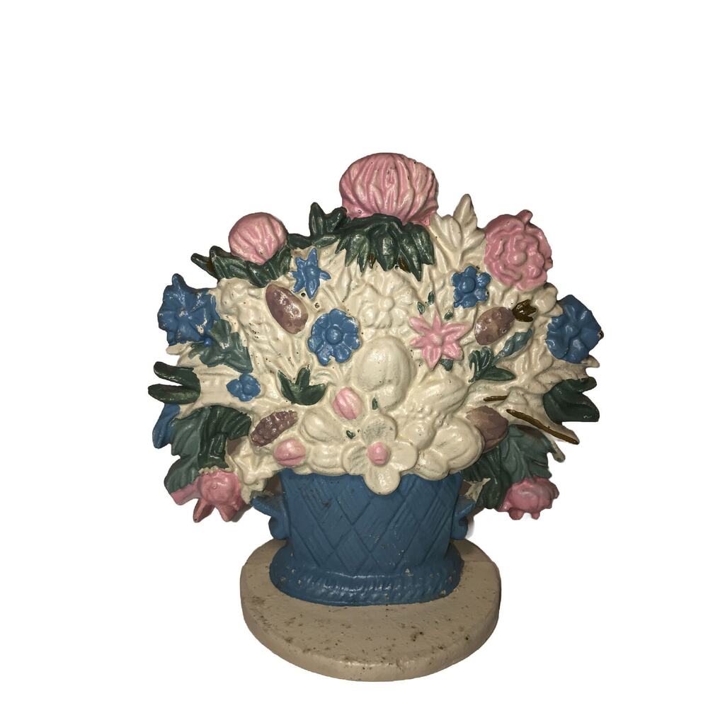 Antique Cast Iron Doorstop Floral Flower Basket Flowers Blue Shabby Chic